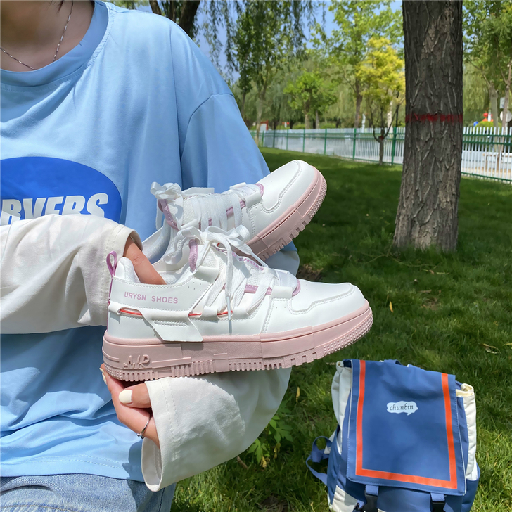 易少年 甜酷鞋子女拼色藕粉板鞋ins超火低...