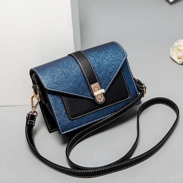 蓝黑拼接皮面斜挎单肩小方包韩版时尚百搭