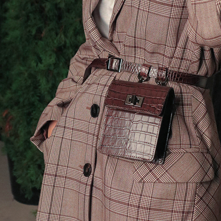 春夏新款腰包点缀旋扣式翻盖鳄鱼纹皮带装饰腰...