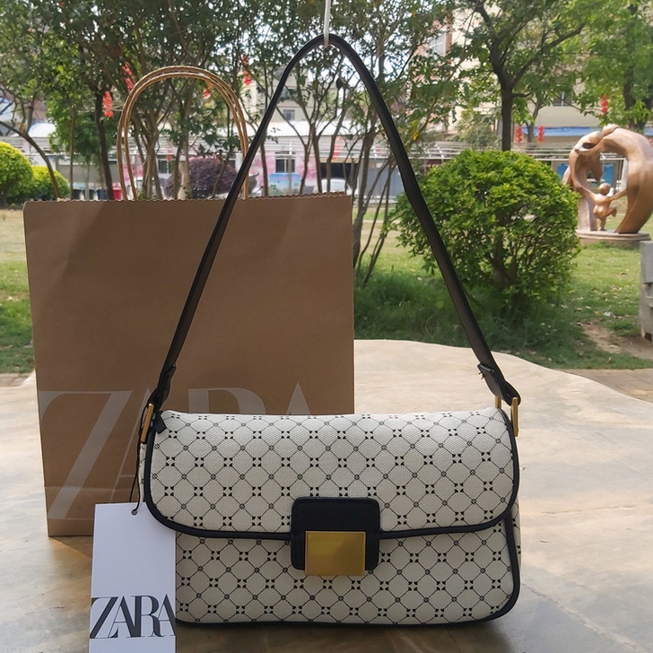 正品ZARA腋下包女包单肩斜挎包格子拼色几...