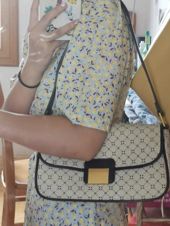 腋下包2021新款女包拼色几何形印花单肩包...