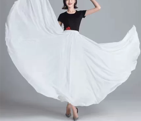 白色 720度大摆裙双层雪纺半身长裙 裙长...