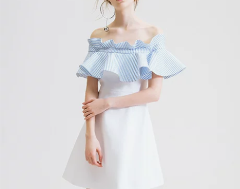 糖力夏季新款女装白色气质荷叶边一字领连衣裙...