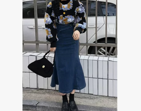 牛仔鱼尾裙半身裙秋冬女冬天配毛衣高腰显瘦后...