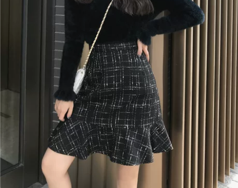 格子裙女中长款鱼尾裙秋冬高腰A字裙大码半身...