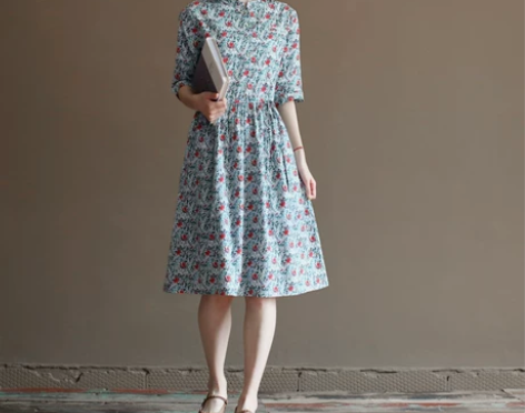 三五年Q542森女系文艺纯棉碎花复古宽松日...