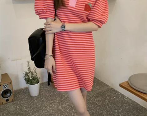 法式公主风小众泡泡袖裙子甜美韩系条纹连衣裙...