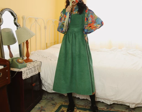 ?日系复古学院风高腰慵懒灯芯绒减龄背带裙韩...