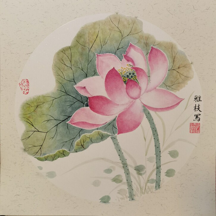 荷，手绘没骨技法，内径38*38，外径50...