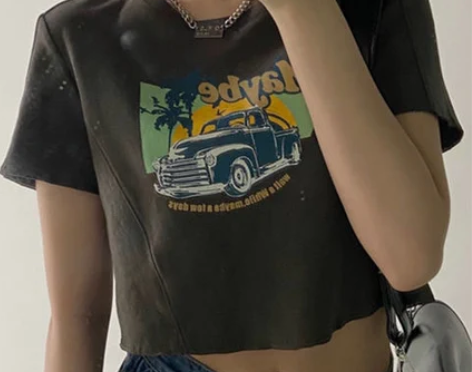 145小个子短款短袖T恤女A字短裙港风双拉...