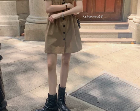 甜酷工装风连衣裙女公主袖2021夏季新款纯...