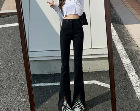 黑色微喇开叉牛仔裤女2022年夏款拖地鱼尾...