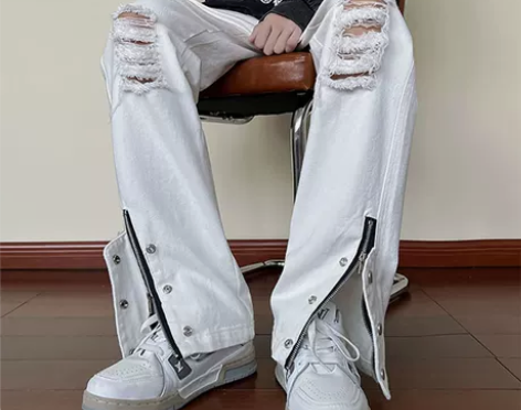 欧美vibe裤子高街潮牌拉链开叉微喇牛仔裤...