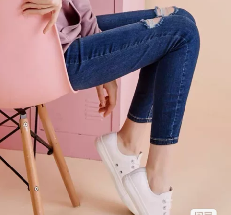 美特斯邦威破洞牛仔裤女高腰铅笔裤女160/...