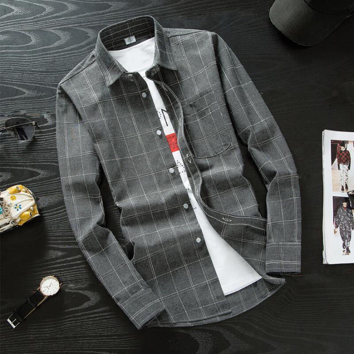 秋季长袖格子衬衫男士韩版修身情侣装条纹衬衣...