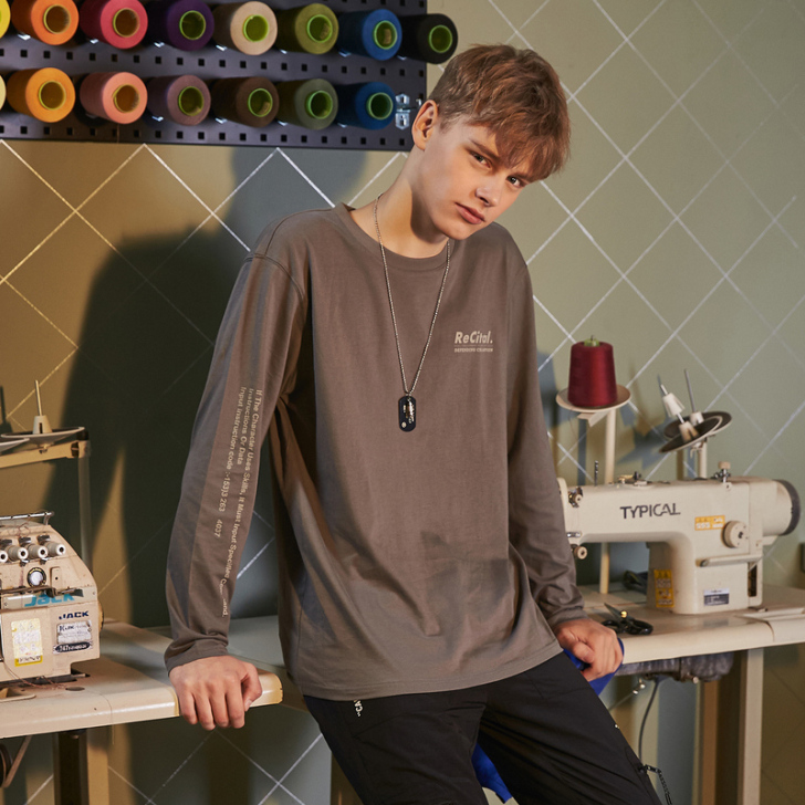 唐狮秋新款长袖T恤男青少年纯棉圆领字母印花...