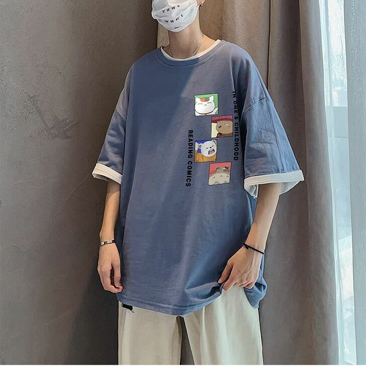 【纯棉】夏季ins港风短袖男士上衣韩版印花...