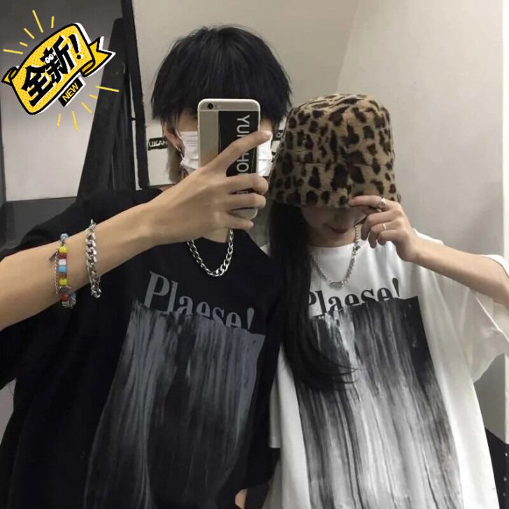 暗黑风ins高街字母印花颓废丧系宽松大码嘻...