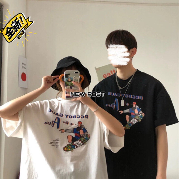 港风卡通印花T恤男士夏季韩版潮流嘻哈百搭宽...