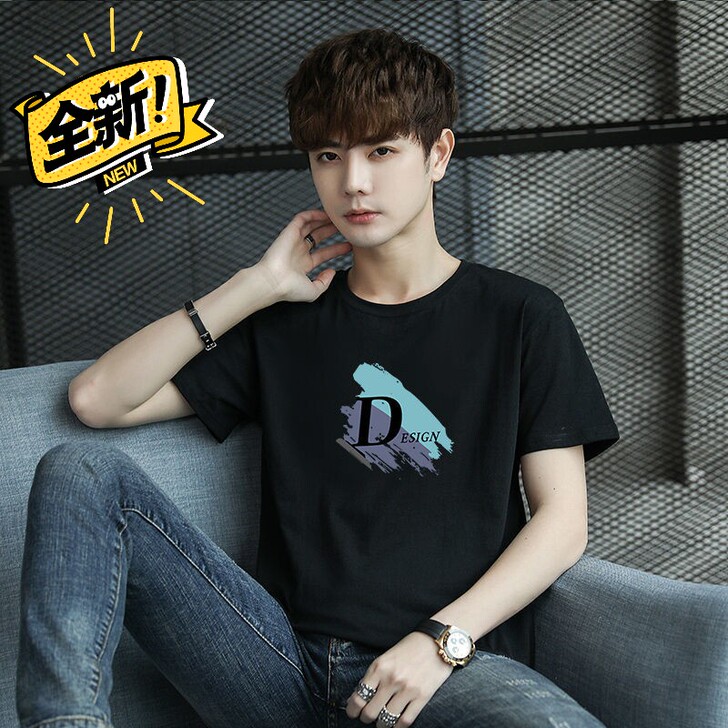 100%纯棉t恤男士短袖潮牌圆领体恤上衣韩...