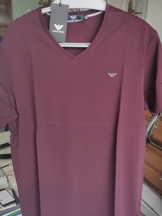 阿玛尼男士短袖T恤V领鸡心领半袖夏季丝光棉...