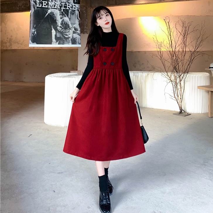 法式复古红色灯芯绒背带裙,全新