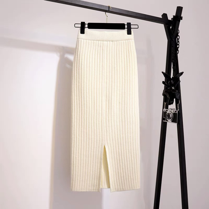 冬季半身裙女中长款厚高腰弹力一步裙开叉针织...