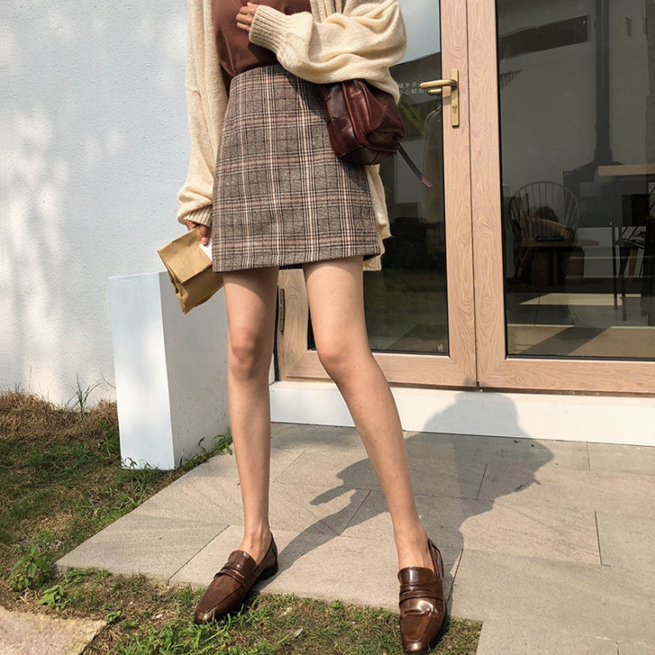 复古格子高腰半身裙女秋季2018新款百搭包...