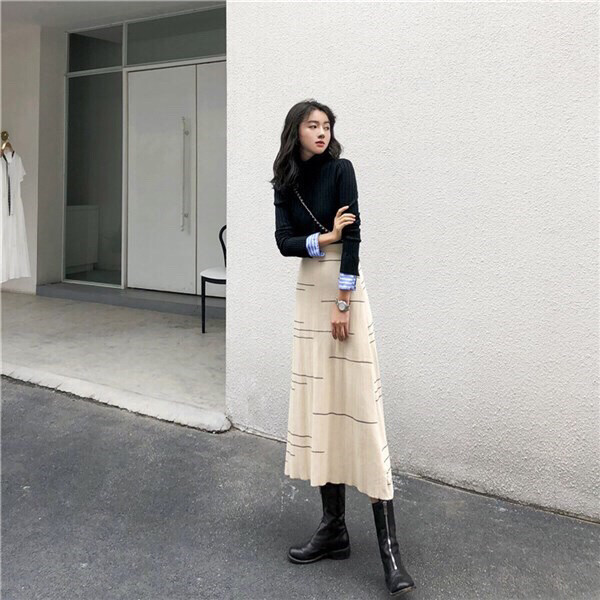 针织半身裙女2021年秋冬季高腰a字裙长裙...
