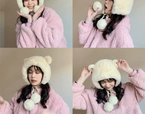 小熊耳朵雷锋帽女护耳帽子女秋冬季韩版潮百搭...