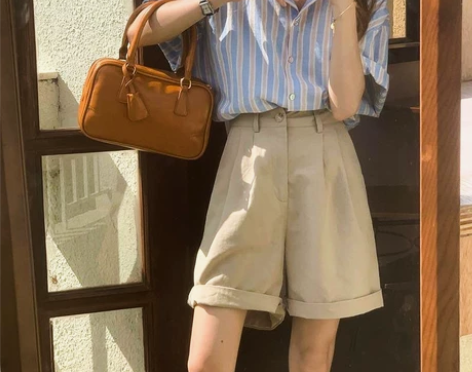 美式五分裤女阔腿短裤2022夏宽松高腰显瘦...