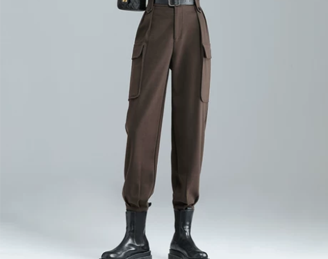 ?加绒工装深咖色毛呢裤子女宽松束脚秋冬季2...