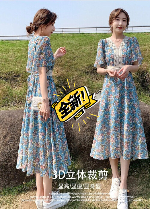 蓝色雪纺碎花连衣裙女夏2021夏装新款女装...