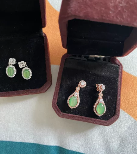 高冰翡翠耳钉阳绿蛋面玉石耳环A货925银镀...