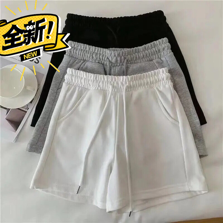 含棉纯色运动短裤女夏宽松高腰休闲显瘦外穿跑...