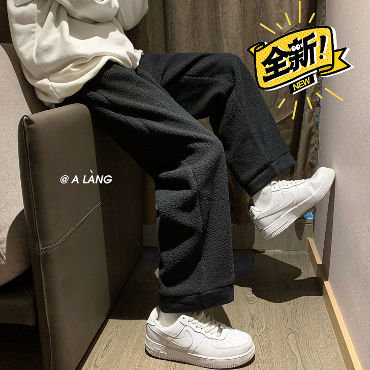 裤子男冬季加绒加厚宽松韩版潮流摇粒绒直筒阔...