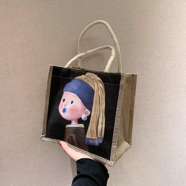 日系亚麻布女包2021新款潮简约百搭印花便...