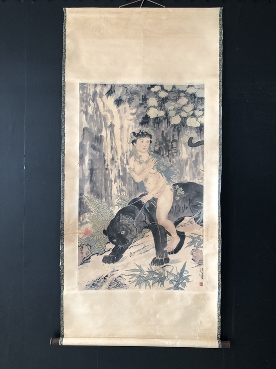 古玩字画收藏【徐悲鸿】仙女伏虎，三尺中堂作品