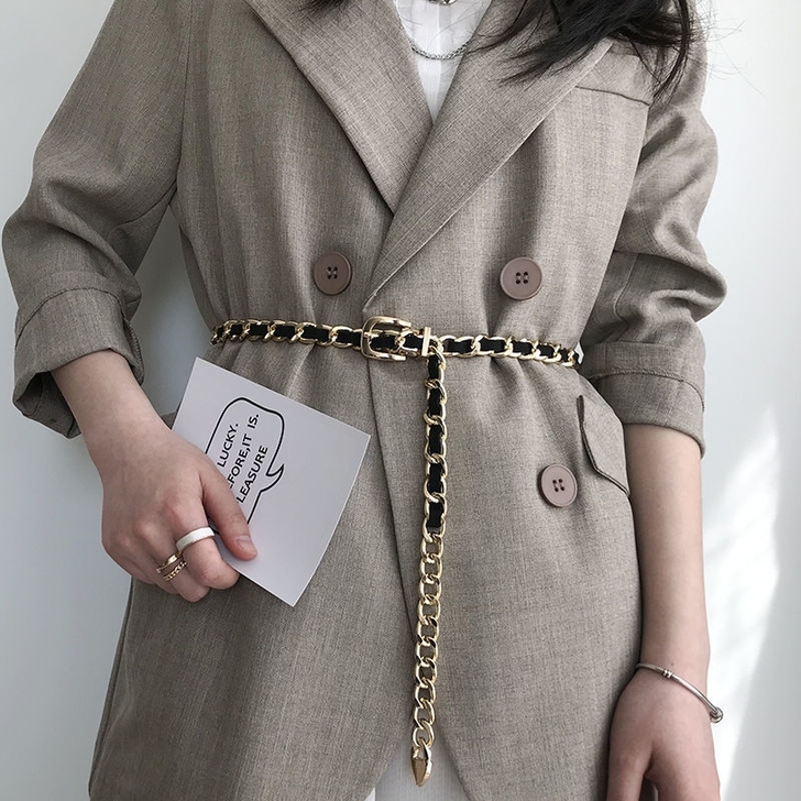 【包邮】法式复古链条腰链女配连衣裙时尚皮质...