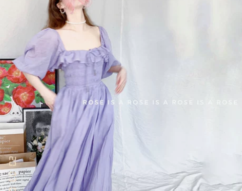 2020新款法式荷叶边香芋紫泡泡袖方领开叉...