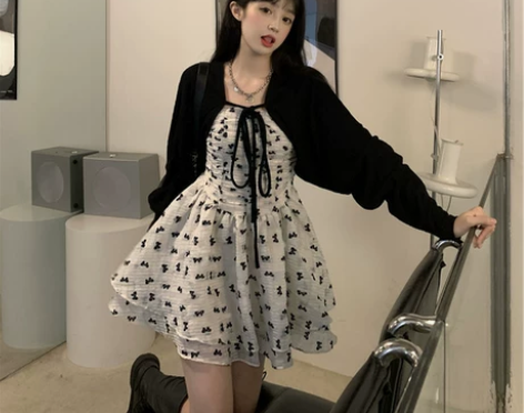 ?纯欲风高腰修身吊带约会蓬蓬裙针织开衫外套...