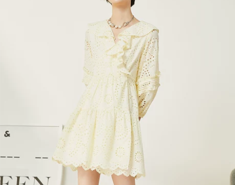 ONLY春季新款镂空灯笼袖系带收腰短款连衣...