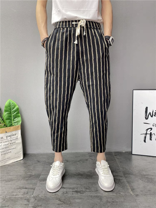 棉麻裤子男士九分休闲裤