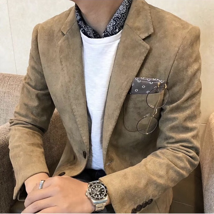 秋冬英伦韩国东大门鹿皮绒短款修身西装男士#...