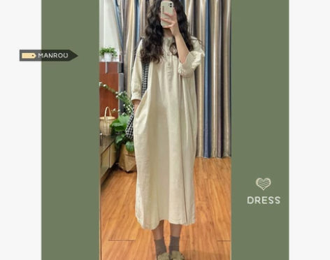复古日系亚麻连衣裙女夏季设计感小众泡泡袖宽...