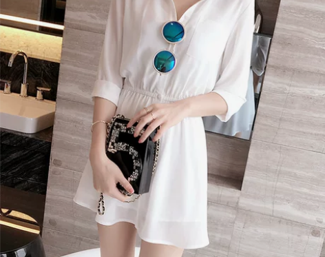 雪纺连衣裙女夏2018新款女装韩版收腰a字...