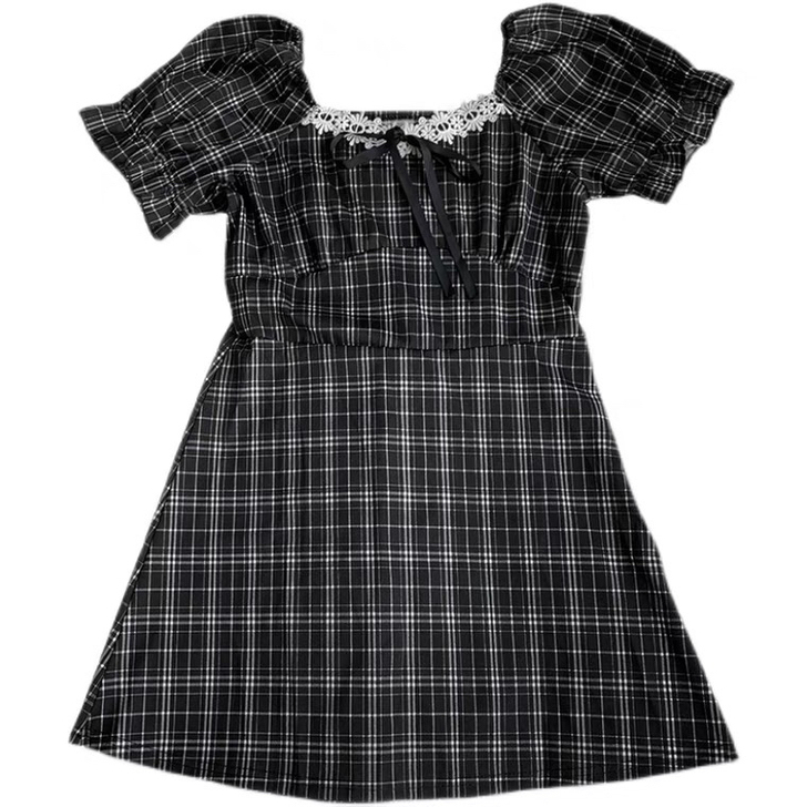 玫瑰与烟枪/法式黑白格子泡泡袖连衣裙