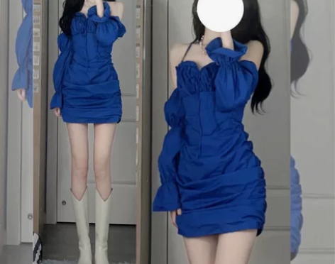 港风连衣裙女春季新款设计感一字领洋气减龄A字裙吊带裙短裙 感...