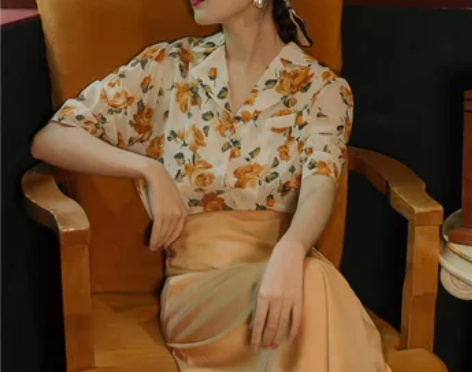 港风套装女夏花色衬衫裙子复古高腰黄色半身裙...