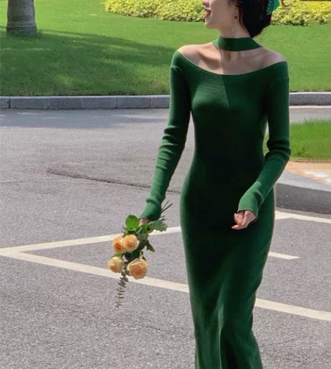 SYT复古港风 挂脖针织连衣裙女秋冬季新款...